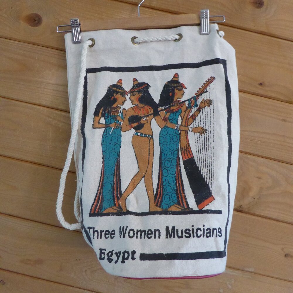 Egypt Three Women Musician Drawstring Shoulder Crossbody Canvas Bag